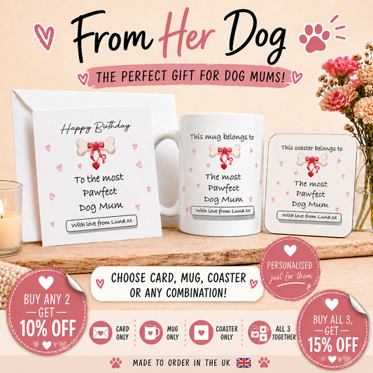 Personalised Dog Mum Gift Set – Custom Card, Mug & Coaster Gift From Her Dog
