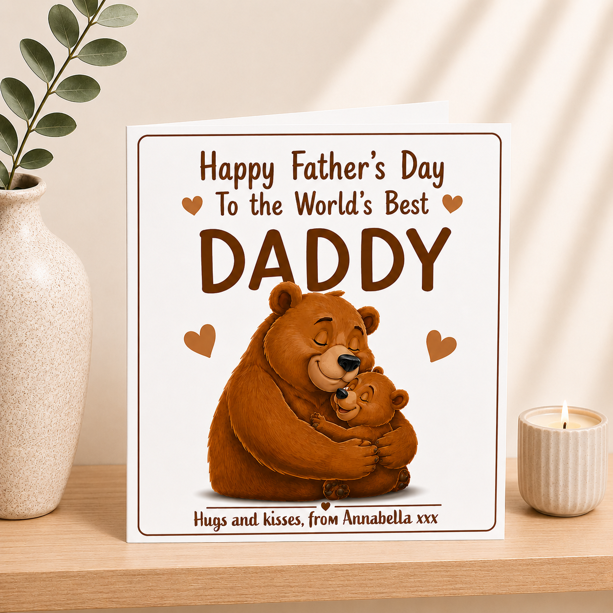 Father's Day card with bears and text on a wooden surface with decor items.