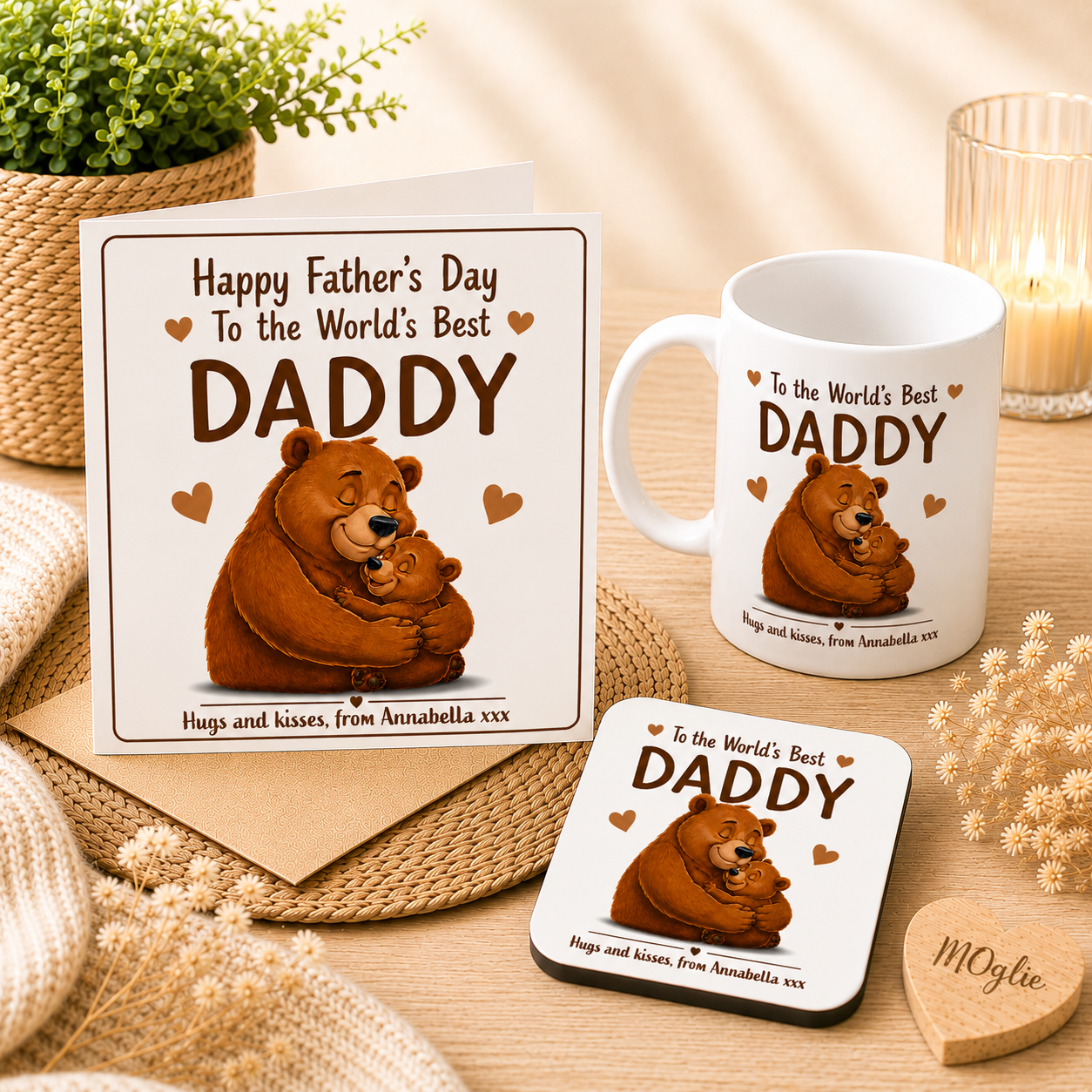 Father's Day gift set with mug, card, and coaster featuring bear illustrations and text.