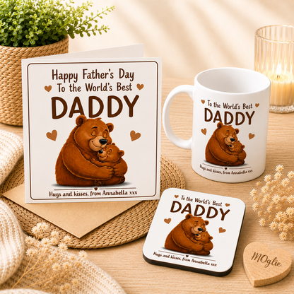 Father's Day gift set with mug, card, and coaster featuring bear illustrations and text.