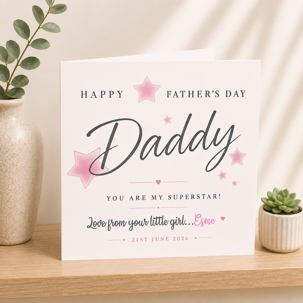 Father's Day card for Daddy with pink stars and text on a white background, placed on a wooden surface with decorative elements.