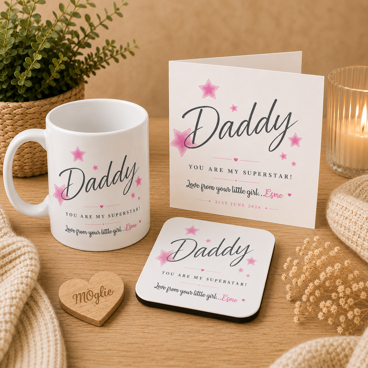 Daddy mug, coaster, and card set on a wooden surface with decorative elements.