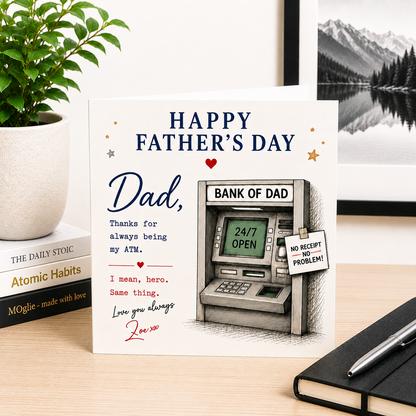 Father's Day card with ATM illustration on a desk with books and a plant.