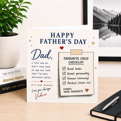 Father's Day card with checklist and personalized message on a desk with books and a plant.