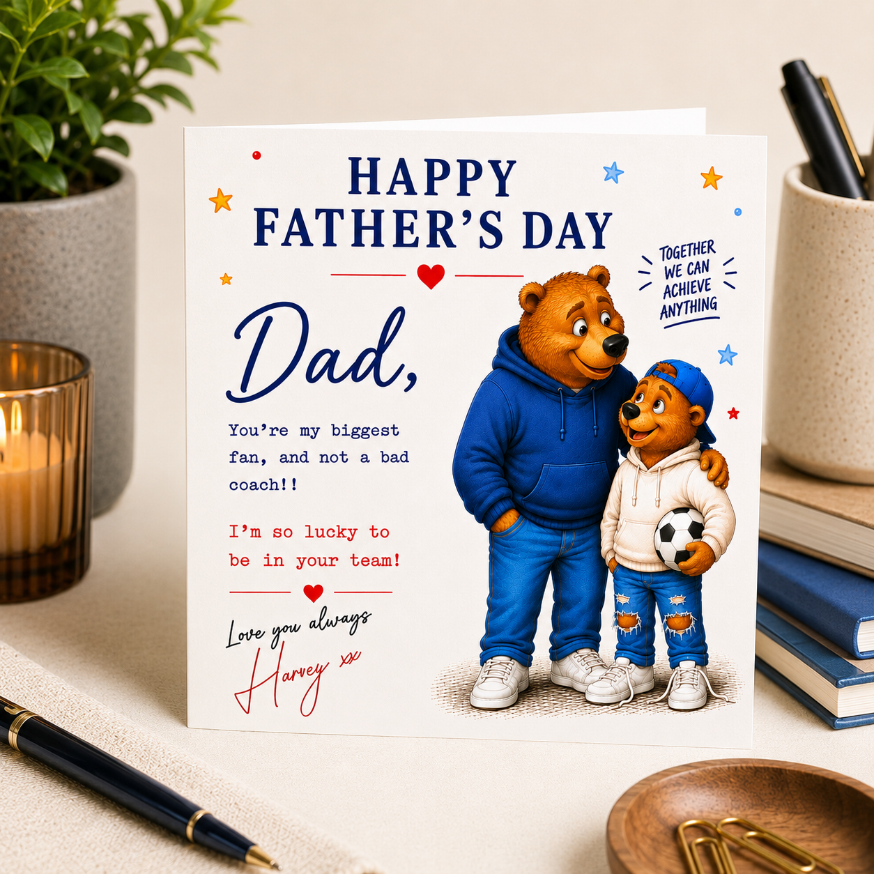 Father's Day card with cartoon bear dad and son holding a football