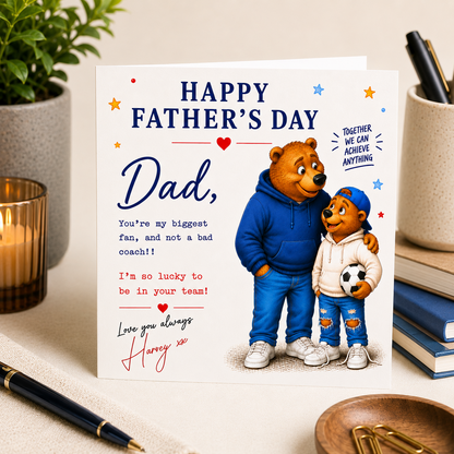 Father's Day card with cartoon bear dad and son holding a football