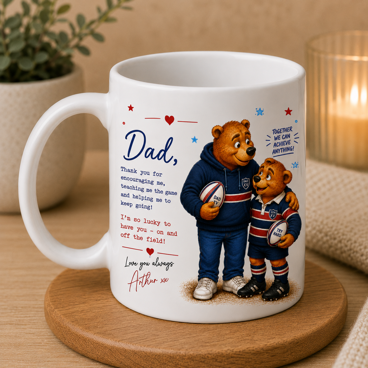 White mug with teddy bear design and text on a wooden coaster