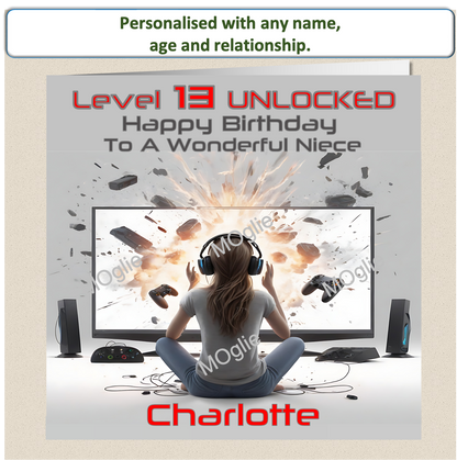 Personalised pre-teen Teenager Girl Gamer Gaming Birthday Card - GAM4