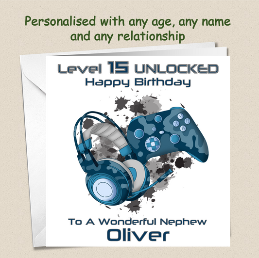 Personalised Teenager Gamer Gaming Birthday Card - Blue