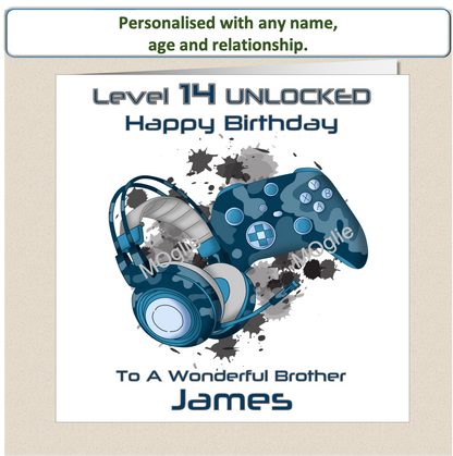 Personalised pre-teen 9 to 12 Gamer Gaming Birthday Card - Blue