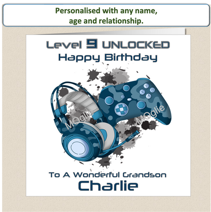 Personalised pre-teen 9 to 12 Gamer Gaming Birthday Card - Blue