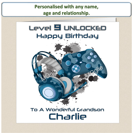 Personalised pre-teen 9 to 12 Gamer Gaming Birthday Card - Blue
