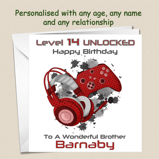 Personalised Teenager Gamer Gaming Birthday Card - Red