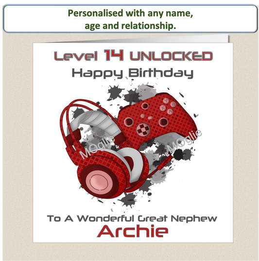 Personalised Teenager Gamer Gaming Birthday Card - Red