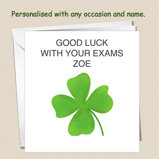 Personalised Good Luck card - four 4 leaf clover