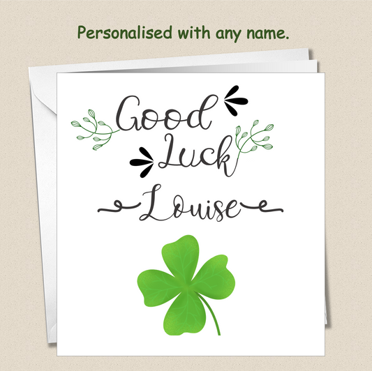 Personalised Good Luck card - four 4 leaf clover scroll