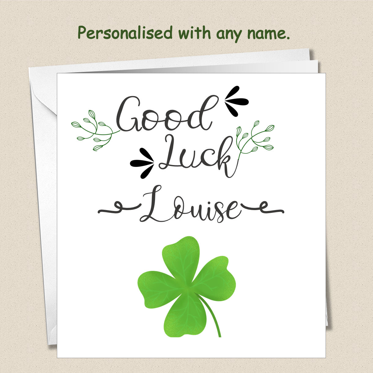 Personalised Good Luck card - four 4 leaf clover scroll