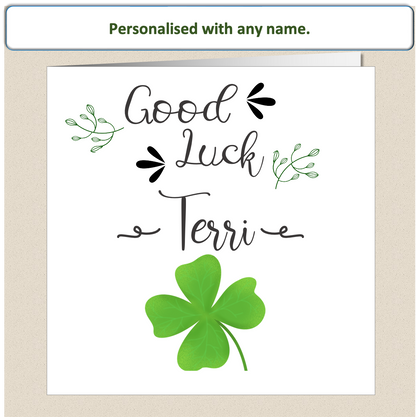 Personalised Good Luck card - four 4 leaf clover scroll