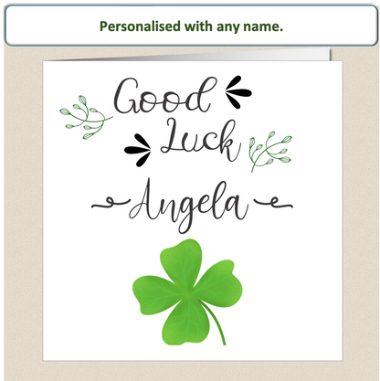 Personalised Good Luck card - four 4 leaf clover scroll