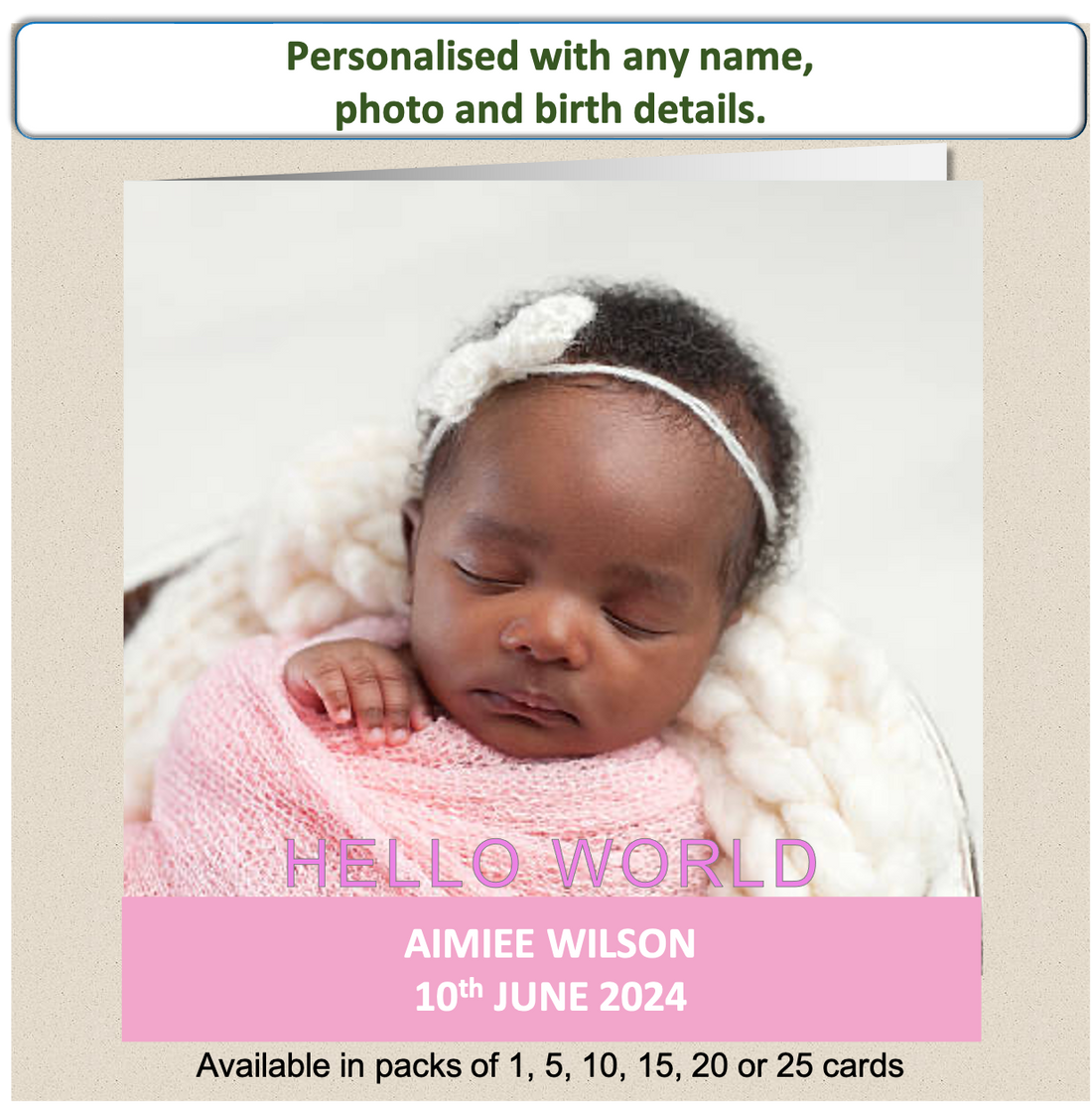 Personalised New Baby Arrival Announcement Card Hello World Pink – MOglie