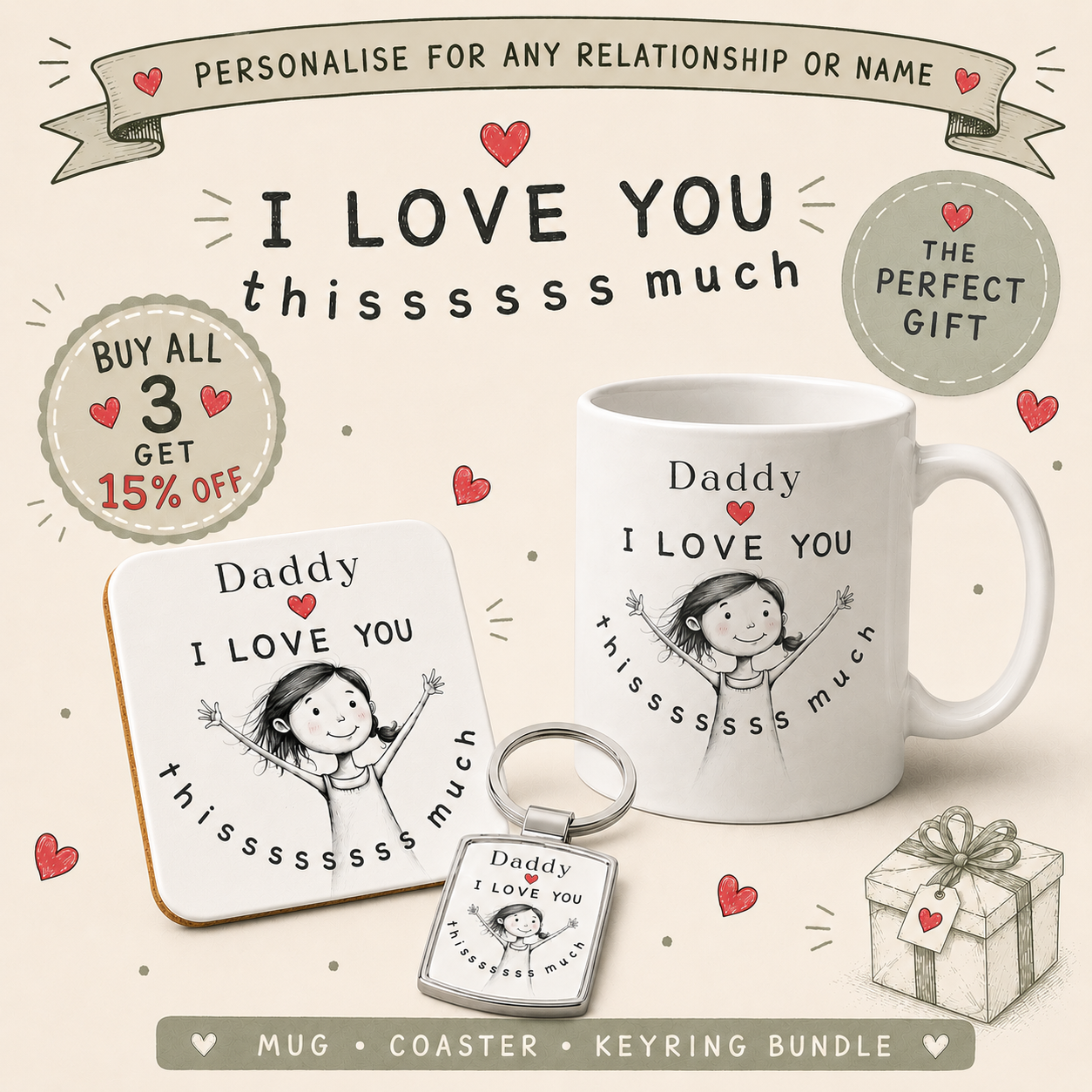 Personalised I Love You This Much Gift Set – Mug, Coaster & Keyring Bundle