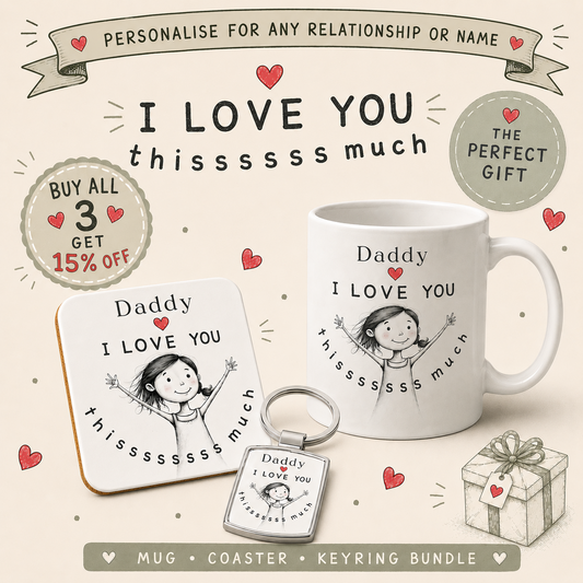 Personalised I Love You This Much Gift Set – Mug, Coaster & Keyring Bundle