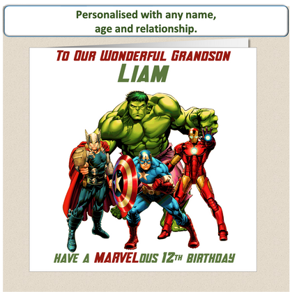 Personalised Marvel Characters Birthday Card - age 9 - 12