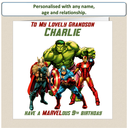 Personalised Marvel Characters Birthday Card - age 9 - 12