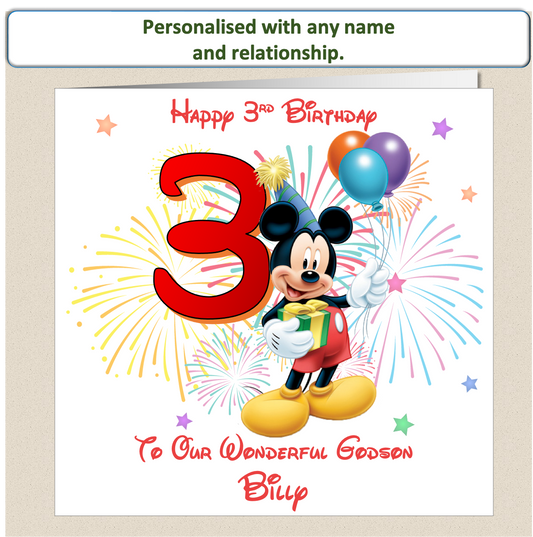 Personalised Mickey Mouse Birthday Card - 3rd Birthday