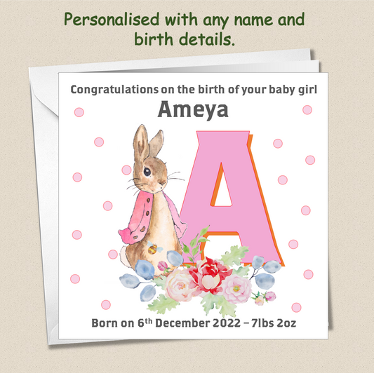 Personalised New Baby Arrival Announcement Card - Peter Rabbit Pink