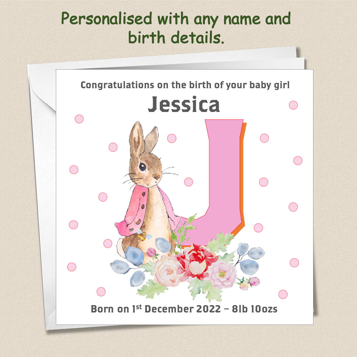 Personalised New Baby Arrival Announcement Card - Peter Rabbit Pink