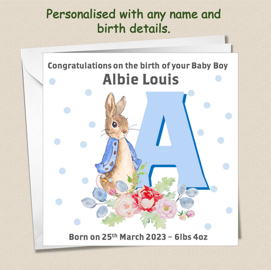 Personalised New Baby Arrival Announcement Card - Peter Rabbit Blue