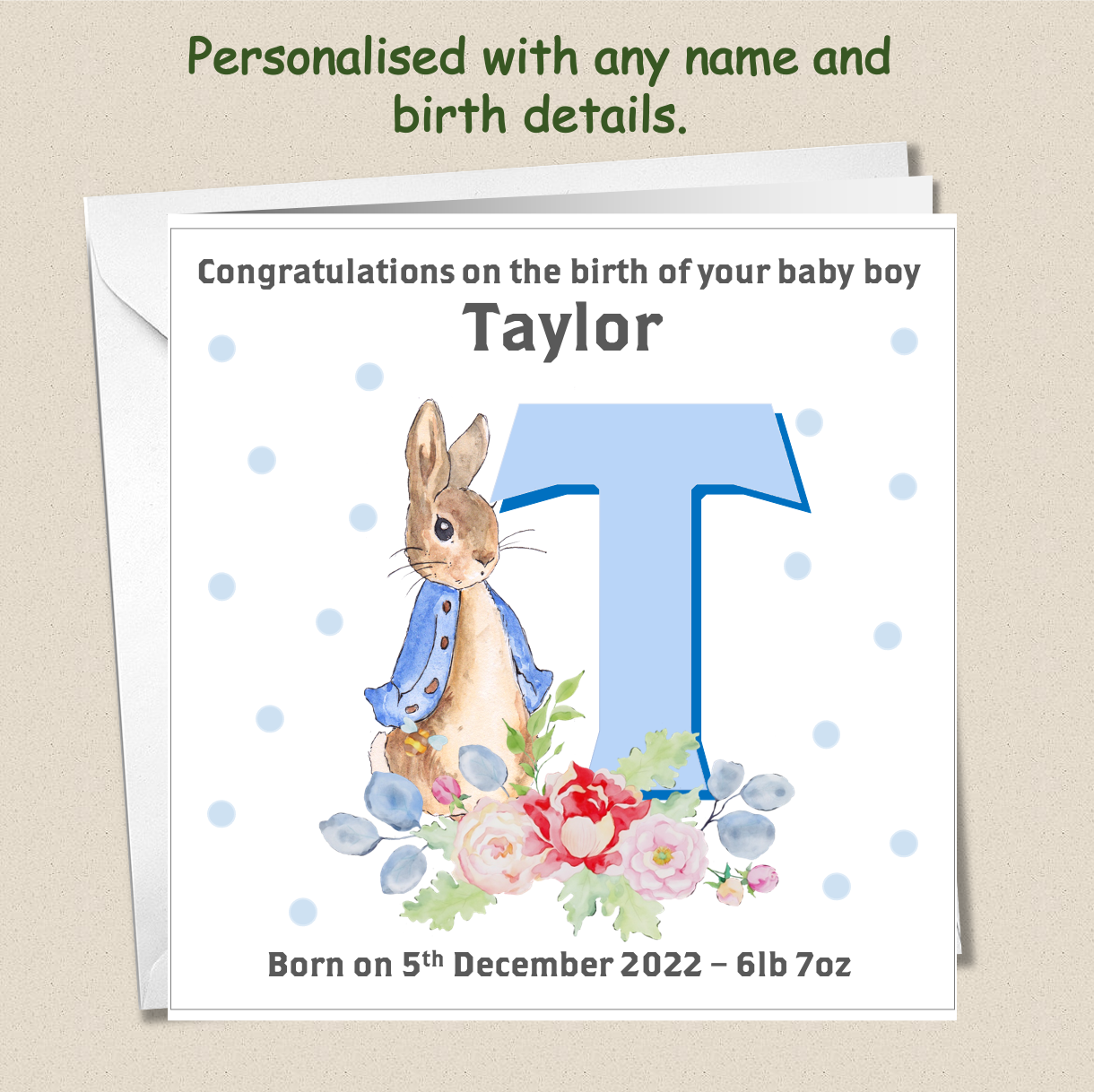 Personalised New Baby Arrival Announcement Card - Peter Rabbit Blue