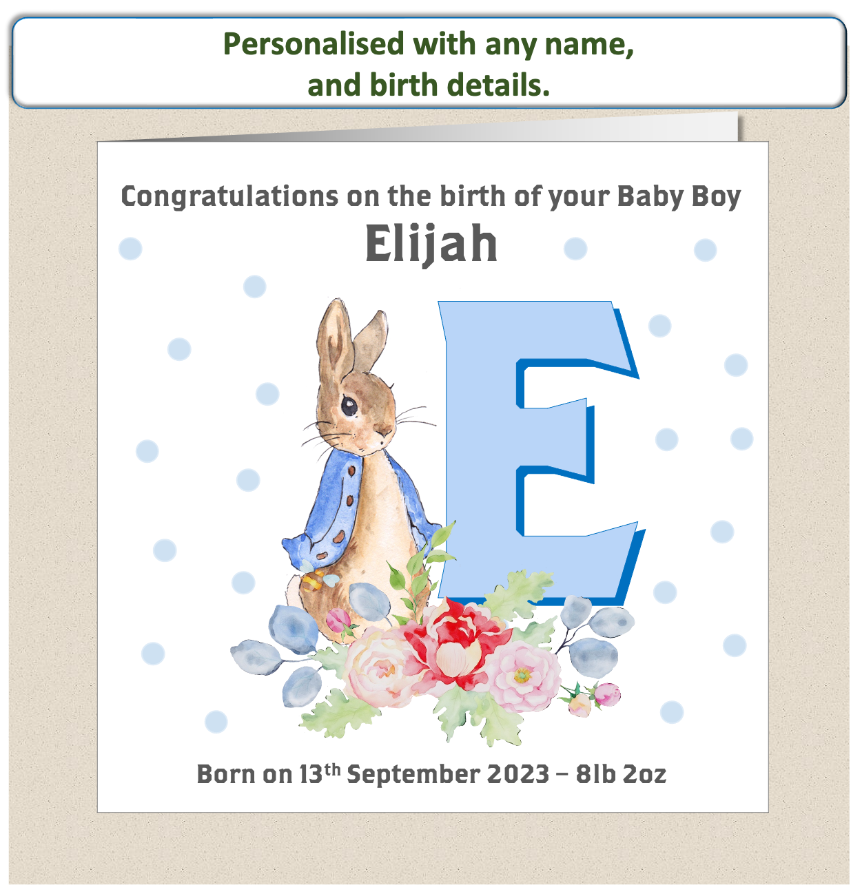 Baby Rabit Card Personalised New Baby Arrival Card - Peter Rabbit Blue | MOglie