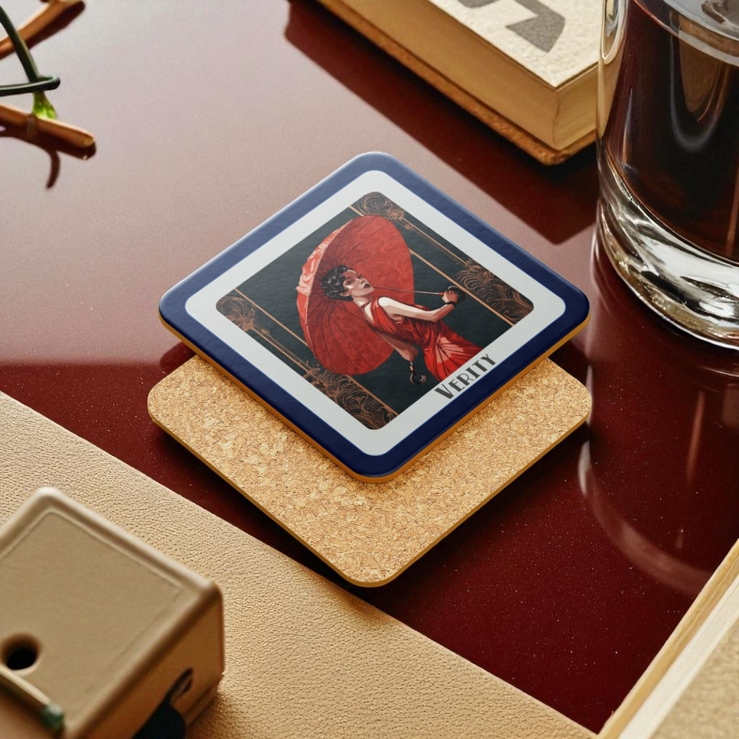 Personalised Art Deco Coaster Gift – Lady in Red Dress with Parasol