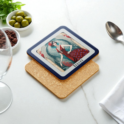 Personalised Art Deco Coaster Gift – Glamorous Lady in Red Peacock Dress