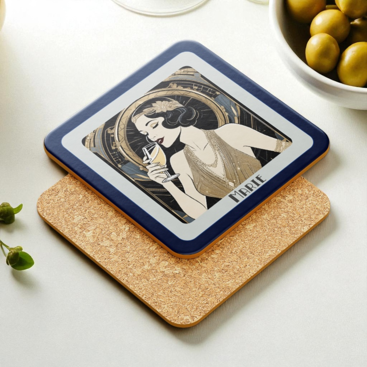 Personalised Art Deco Coaster – 1920s Glam Golden Lady with Champagne