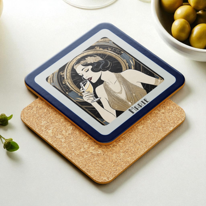 Personalised Art Deco Coaster – 1920s Glam Golden Lady with Champagne