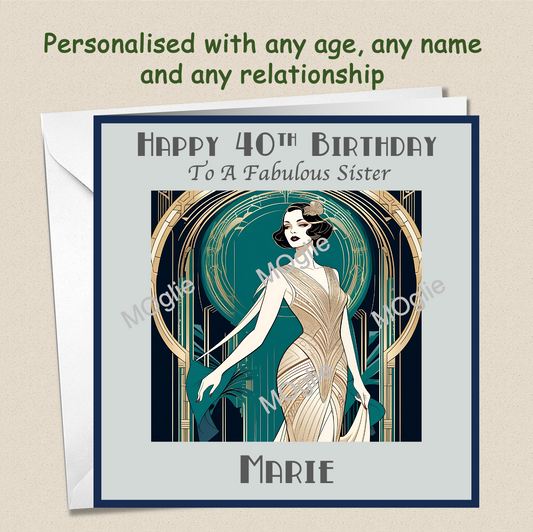 Personalised 40th 50th 60th 70th Art Deco Birthday Card - For Her - RET3