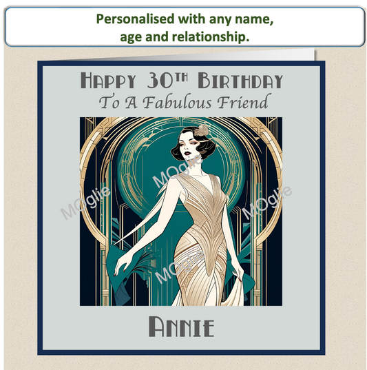 Art Deco lady, gold flapper dress, 1920's vintage style.