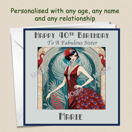 Personalised 40th 50th 60th 70th Art Deco Birthday Card - For Her - RET4