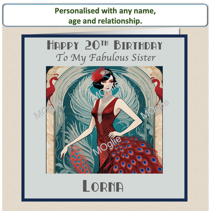 art deco lady, red peacock flapper dress, elegant vintage retro style.