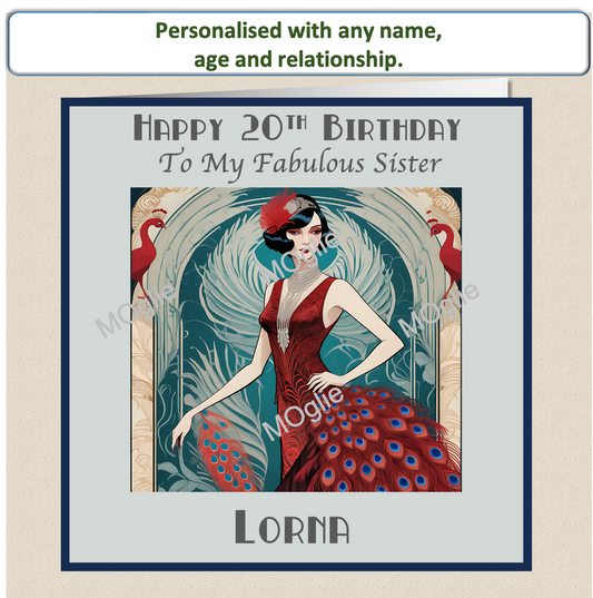 art deco lady, red peacock flapper dress, elegant vintage retro style.