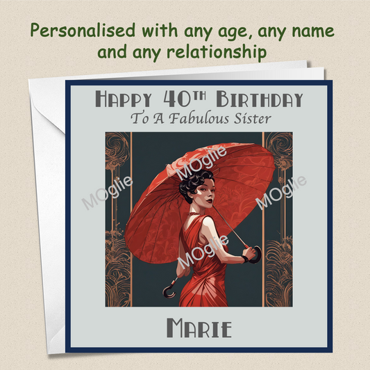 Personalised 40th 50th 60th 70th Art Deco Birthday Card - For Her - RET5