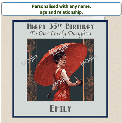 art deco lady, red peacock flapper dress, elegant vintage retro style.
