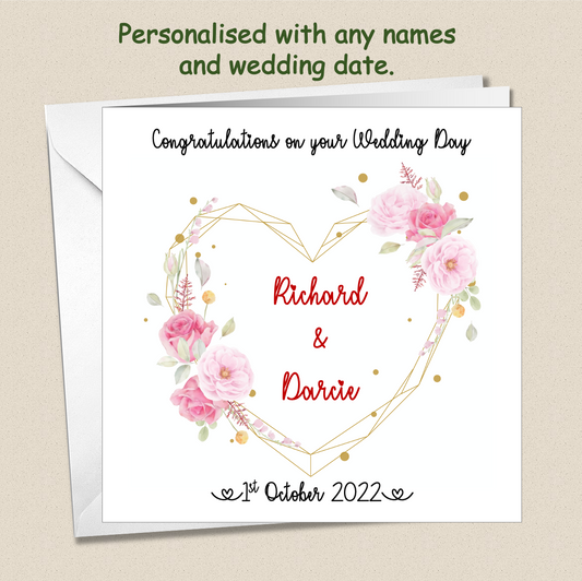 Personalised Wedding Day Happy Couple card - rose heart