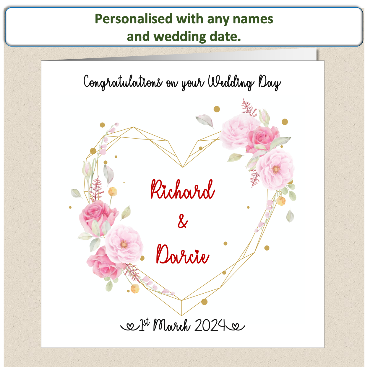Personalised Wedding Day Happy Couple card - rose heart