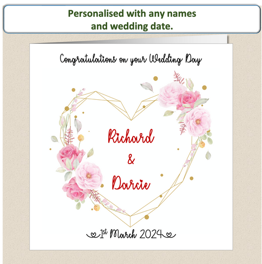 Personalised Wedding Day Happy Couple card - rose heart