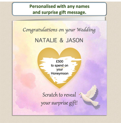 Scratch to reveal heart panel with a soft pastel background and a white dove