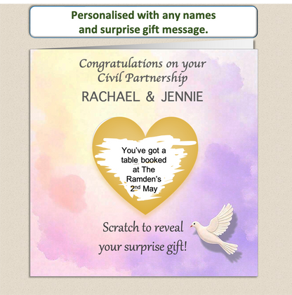 Scratch to reveal heart panel with a soft pastel background and a white dove